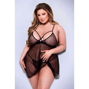 BACI LINGERIE 2PC STRAPPY LACE & MESH BABYDOLL & G-STRING SET BLACK, QUEEN