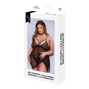 BACI LINGERIE 2PC STRAPPY LACE & MESH BABYDOLL & G-STRING SET BLACK, QUEEN