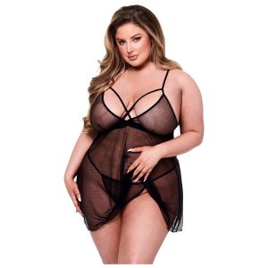BACI LINGERIE 2PC STRAPPY LACE & MESH BABYDOLL & G-STRING SET BLACK, QUEEN