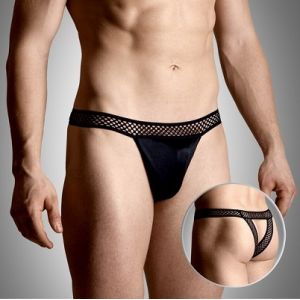 SATIN MENS THONG WITH FISHNET STRAPS